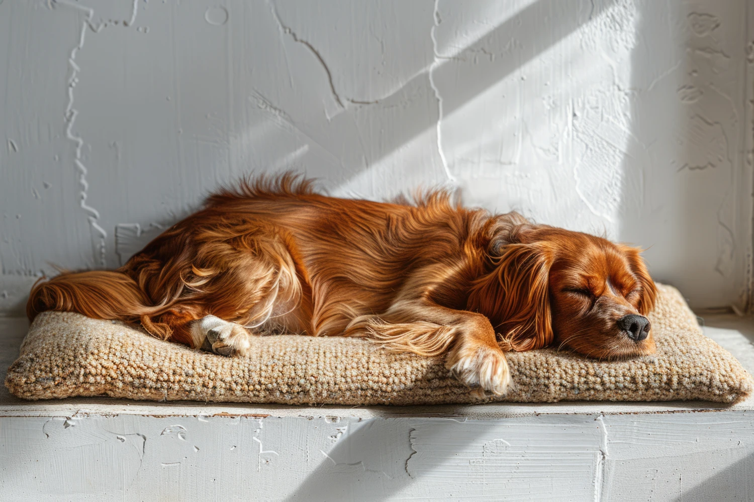 cute-relaxed-dog-lying-cool-mat-hot-day-white-wall-background-summer-heat-ai-generated